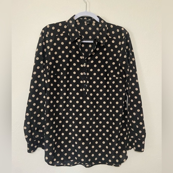 Ann Taylor women's M silk cotton blend popover top w/ polka dot print EUC - Picture 1 of 7